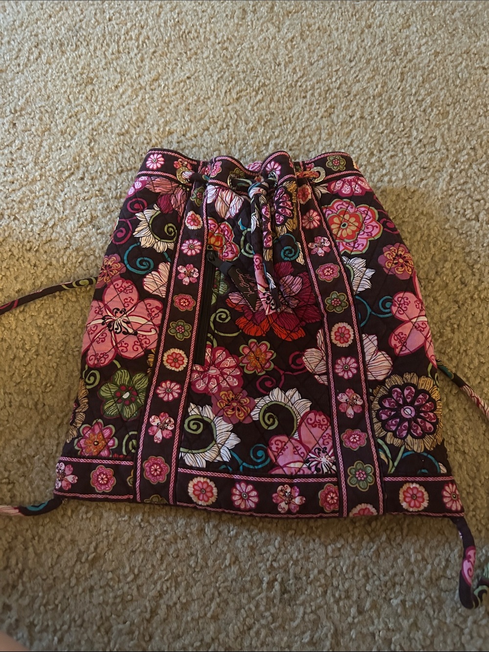 Vera Bradley Quilted Floral Drawstring Backpack - Pink & Brown